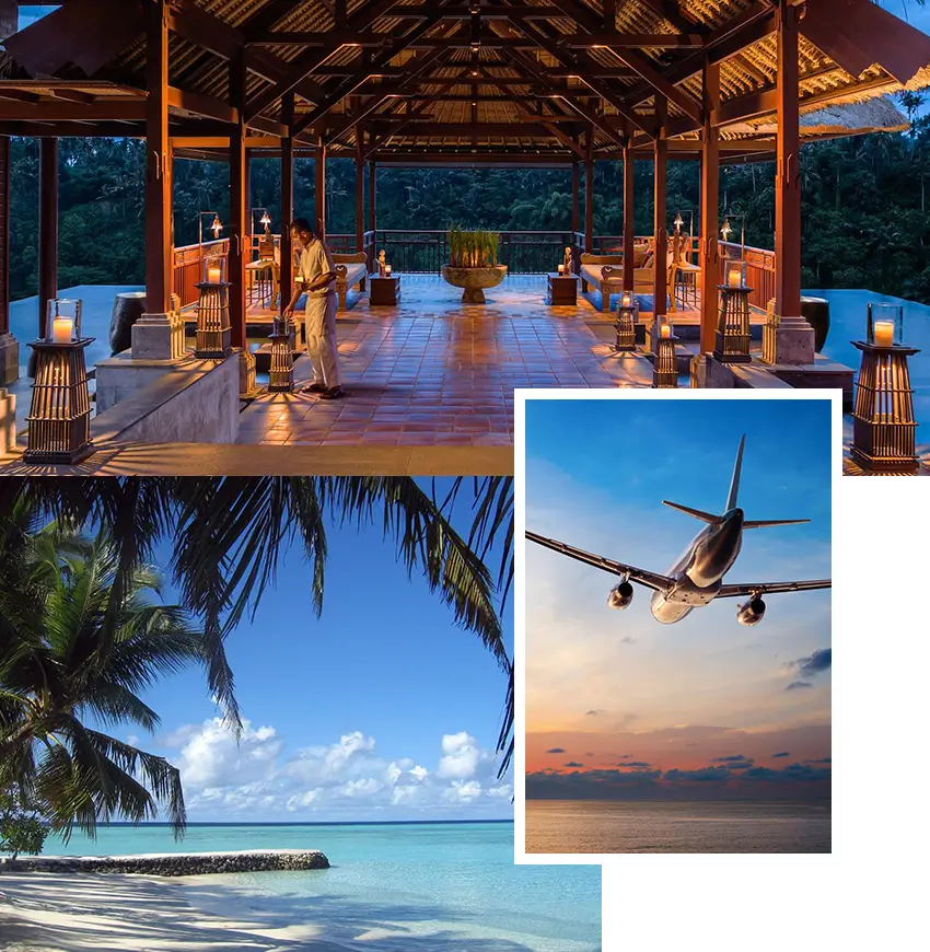 A plane flying over an ocean and a beach.